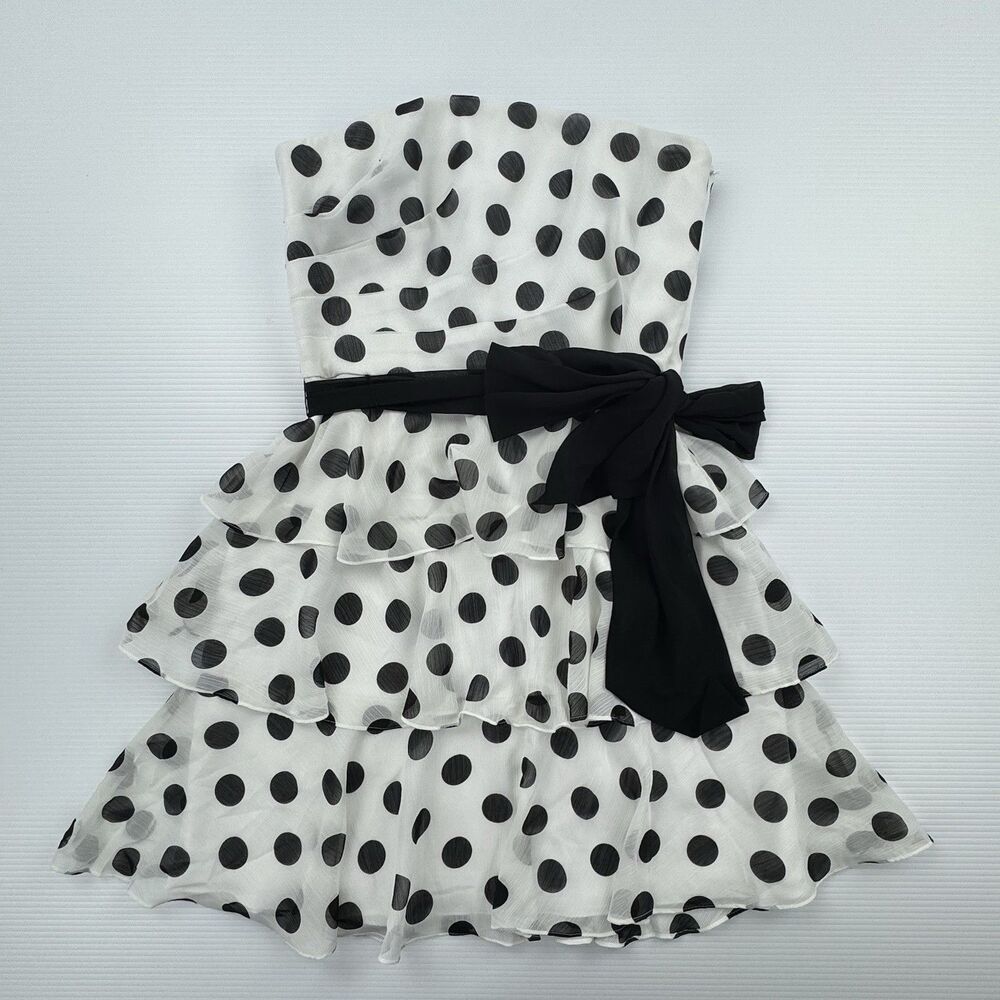 White House Black Market Polka Dot Strapless Dress Womens 8 Tiered Ruffle - Picture 2 of 10
